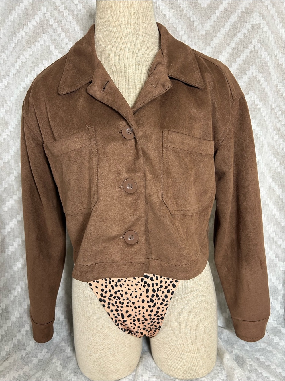 Stoosh Cropped Chestnut Button-Up Suede Jacket